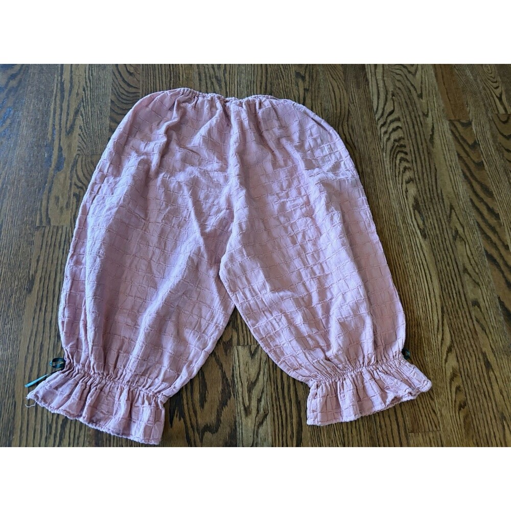 Women's Pink Cotton Elastic Waist Long Bloomers Ruffle Green Bow Small Pettipant